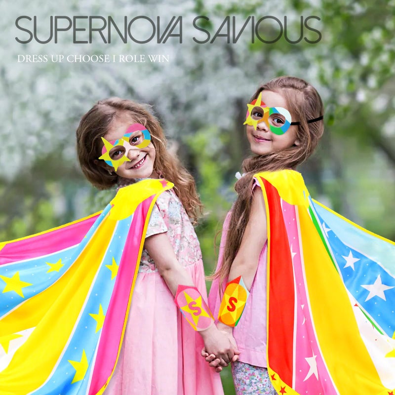 إيرولين iROLEWIN Star Superhero-costumes-Cape وقناع للأطفال والبنات والأولاد وهدايا حفلات البطل الخارق مثل فستان الهالوين مع الأساور (وردي) - Image 2